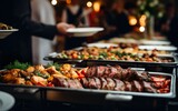 Fototapeta  - Group of people having a buffet lunch, banquet, festive event, party, or wedding reception. Catering food indoor in restaurant or hotel with grilled meat and vegetables. Variety of street food.