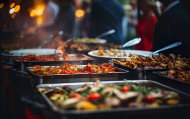 Wall Mural - Group of people having a buffet lunch, banquet, festive event, party, or wedding reception. Catering food indoor in restaurant or hotel with grilled meat and vegetables. Variety of street food.