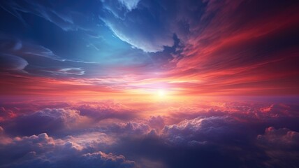 Wall Mural - Beautiful sunset sky above clouds with breathtaking light. Generative AI image