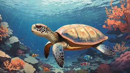 A sea turtle swimming in ocean. Vector art. Traditional Japanese style. Generative AI.