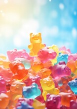 Sweet Tasty Gummy Bears In A Pile. Close Up View. Generative AI.