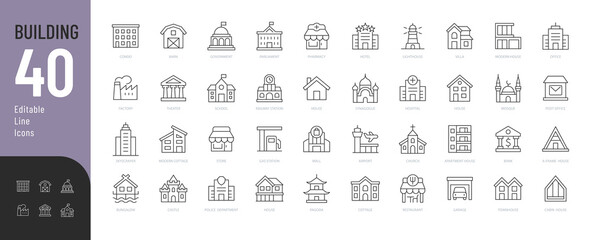 Building Line Editable Icons set. Line Vector illustration in modern thin line style of types of residential and public buildings: condo, government, school, church, e.c.t. Isolated on white.