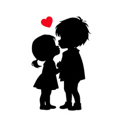 Wall Mural - Cute couple, Cartoon silhouettes of a boy and a girl kissing, two kissing children on white background