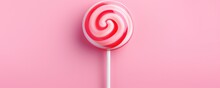 Sweet Tasty Pink Lollipop On A Pink Background. Generative AI.