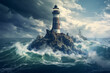 A lighthouse on a rock in the middle of the ocean