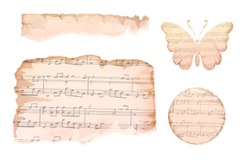 Wall Mural - set vintage torn paper, frames pieces paper butterfly from sheets aged with notes, melody carton iso