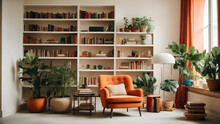Modern Home Library With Cozy Armchair And Book Shelves With Books Arranged In Room With Potted Plant With White Walls