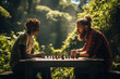 casual chess game between two friends on a park bench, surrounded by greenery and a sunny day.