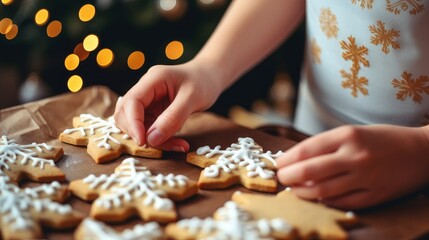 Children's hands decorate Christmas cookies.