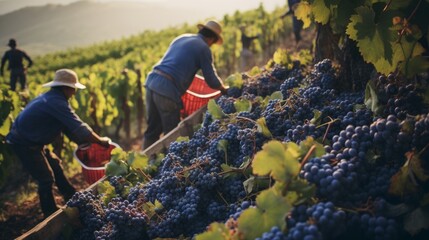 Workers picking grapes. Black or blue bunch grapes