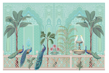 Wall Mural - Chinoiseries peacock, Birds Palace garden royal Wallpaper. moroccan decorative garden with peacock frame.