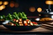 ﻿A picture of a Tofu Stir Fry taken close, with a blurry background.. AI Generated