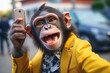 Monkey as a smiling man taking self portrait on city street. He is dressed in yellow jacket. Generative AI