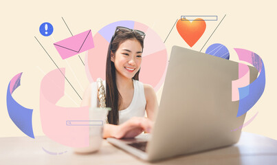 Young asian woman using laptop computer using internet online and work in collage contemporary art style