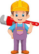 Friendly plumber wearing dressed in work clothes and carrying a tool