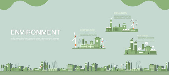 The environment Vector illustration concept. Sustainability. Electric renewable energy station with windmills, solar power plant and coal factory generating electricity for industry. 