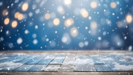 Poster - Beautiful winter snowy blurred blue background and empty wooden flooring