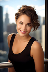 Wall Mural - A striking angle of a female model's close-up face, highlighting her radiant smile and short brown hair