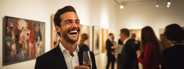 Wall Mural - Man stands with a glass of champagne during an exhibition at the gallery