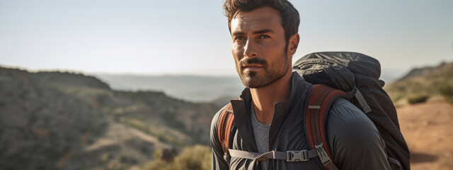 Poster - Man wearing backpack standing on autumn forest trail, hiking alone