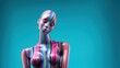 Female rainbow lines mannequin doll sculpture with minimal vivid color background, shiny reflective acrylic, naked upper body bust, future window dresser fashion and style concept. 