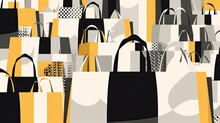An Understated 2D Vector Pattern Of Black And White Shopping Bags Against A Clean White Backdrop. Occasional Accents Of Red And Yellow Lend A Touch Of Visual Interest.