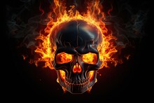 Black Skull With Fire On Black Background