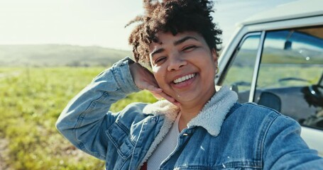 Wall Mural - Smile, selfie and face of woman in nature by a caravan on a road trip for adventure and fun. Happy, peace hand sign and portrait of female person from Mexico taking a picture outdoor by countryside.