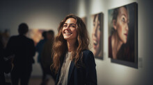 Woman Looks At Paintings In A Gallery During An Exhibition