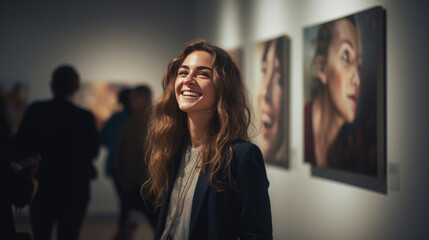 Wall Mural - Woman looks at paintings in a gallery during an exhibition