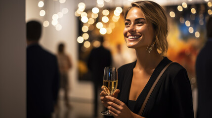 Wall Mural - Woman stands with a glass of champagne during an exhibition at the gallery