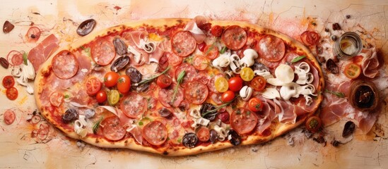 Poster - Variety of pizza toppings including salami mushrooms bacon and sundried tomatoes presented in a vertical arrangement isolated pastel background Copy space