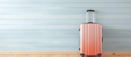 Poster - Wooden floor with luggage isolated pastel background Copy space