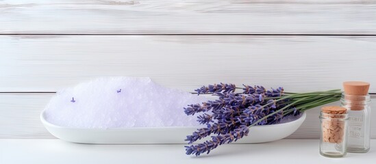 Poster - White table displaying fresh salt made from lavender isolated pastel background Copy space