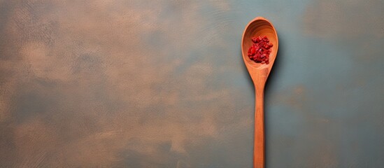 Poster - Wooden spoon with isolated ground red chili pepper spice isolated pastel background Copy space