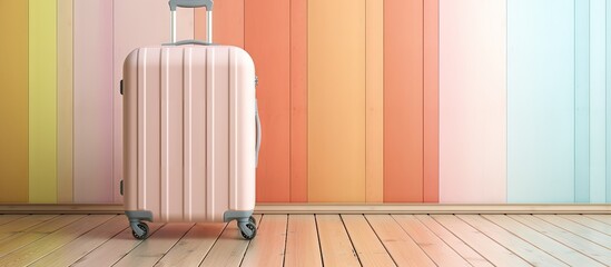 Poster - Wooden floor with luggage isolated pastel background Copy space