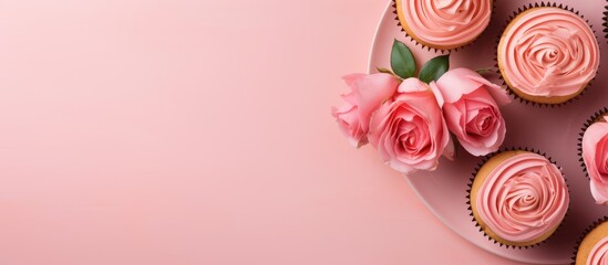 Poster - Yummy pumpkin cupcakes and red roses on a pink plate isolated pastel background Copy space