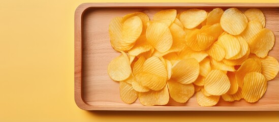 Poster - Yellow potato chips isolated pastel background Copy space tray