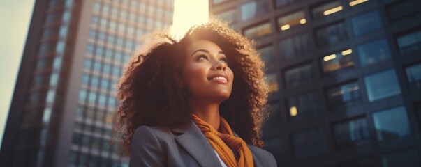 Banner happy successful black businesswoman standing in big city modern skyscrapers street on sunset thinking of successful vision, dreaming of new investment opportunities.