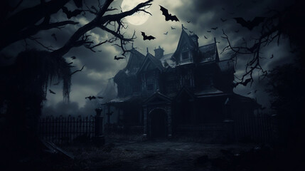 Haunted mansion covered with fog, night scene. Creepy house covered with vines. Halloween concept. Generative AI