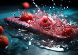 Fototapeta Łazienka - jabłka wraz ze smartfonem wpadają do wody
