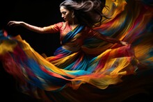 An Indian Woman, Adorned In A Vibrant Saree, Captured In A Spirited Kathak Dance, Her Twirl Creating A Beautiful, Colorful Motion Blur Against A Dark Backdrop