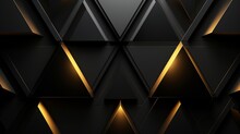 Luxury Triangle Abstract Black Metal Background With Golden Light Lines. Dark 3d Geometric Texture Illustration. Bright Grid Pattern. Pure Black Horizontal Banner Wallpaper. Carbon Elegant Wedding BG