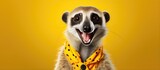 Cheerful happy eerkat animals dressed as clowns on a colorful background. Wide images, with cop text space. Generative AI