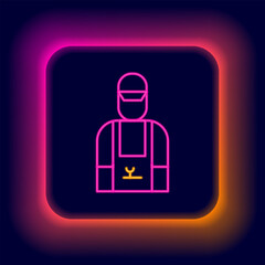 Poster - Glowing neon line Car mechanic icon isolated on black background. Car repair and service. Colorful outline concept. Vector