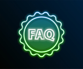 Poster - Glowing neon line Label with text FAQ information icon isolated on black background. Circle button with text FAQ. Colorful outline concept. Vector