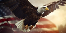 Illustration Of A Patriotic Eagle Taking Wing In Front Of Us Flag  ,Eagle Holding Flag ,Patriotic Bald Eagle ,generative Ai