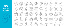 Water Line Icons Set. Drops, Rain, Waves, Drop, Faucet, Umbrella, Dew, Drinking Water, Bottle, Cleanliness, Aqua And Others. Isolated On A White Background. Vector Stock Illustration.