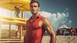 Sultry male lifeguard on duty, embodying beach safety with style.