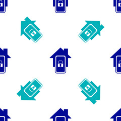 Sticker - Blue Mobile phone with smart home icon isolated seamless pattern on white background. Remote control. Vector